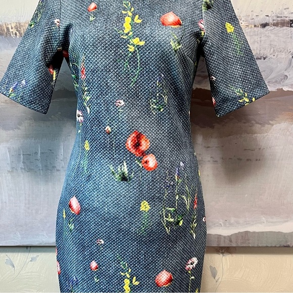 MARGARET O'LEARY Scuba Sheath Dress Womens‎ M Cottagecore Blue Floral Quilted - Picture 3 of 13